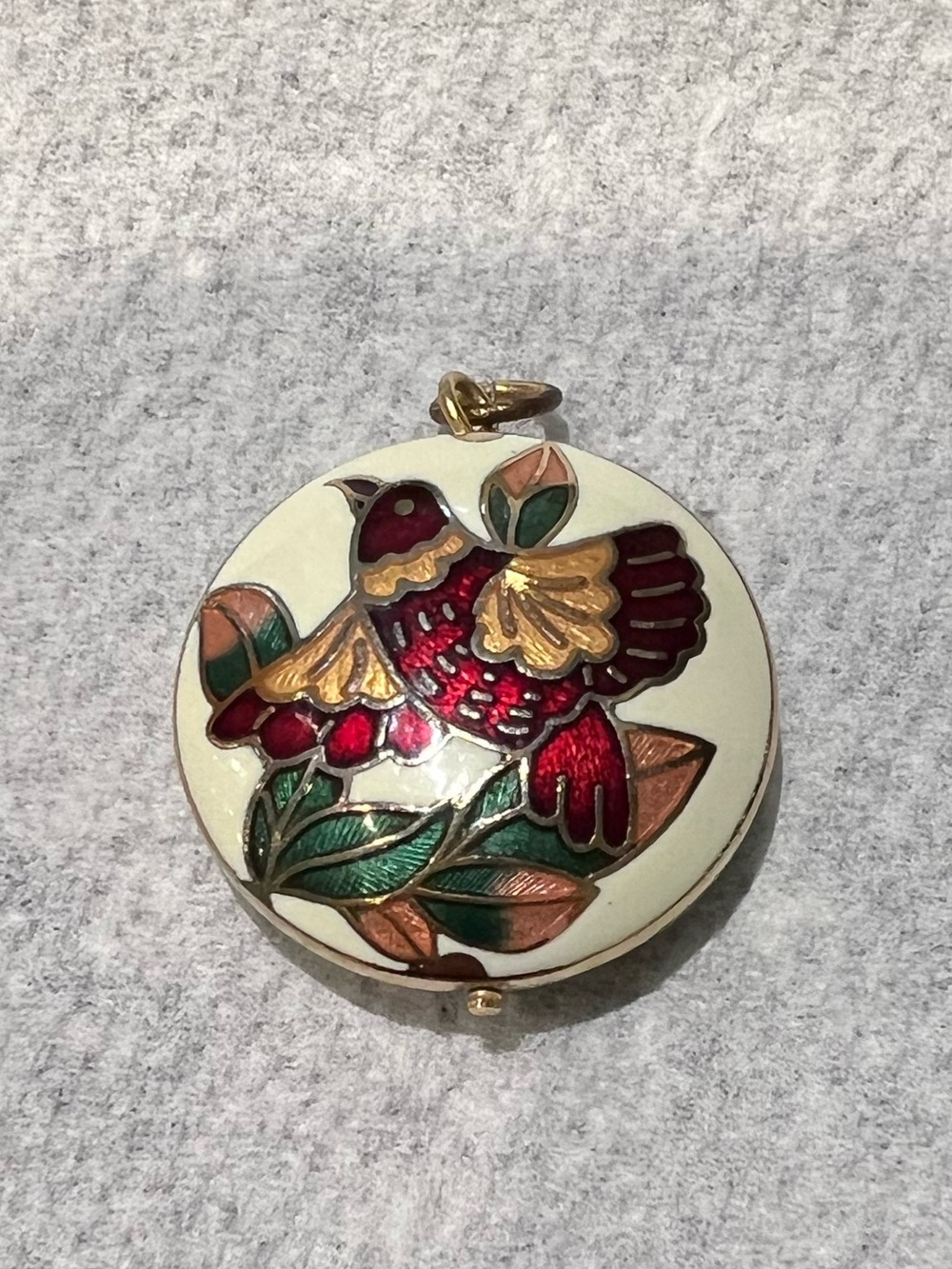 Cloisonné necklace Enamel Bird Brooch with Red, Green & Gold Accents